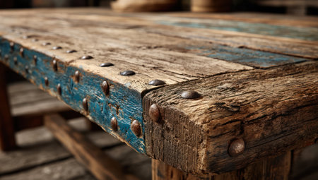 This image showcases a weathered wooden table, displaying a mix of warm and cool tones. The surface is detailed with visible wood grain and embedded metal studs. The close-up perspective and textured surface suggest interior design, construction, or artistic applications. The image is suitable for various commercial uses.の素材