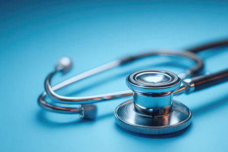 A close-up view displays a stethoscope on a solid blue backdrop. The metallic instrument, highlighted by the lighting, showcases a clinical aesthetic. This image suggests health, medical care, and diagnosis, appropriate for various healthcare-related publications and commercial uses, offering copy space.の素材