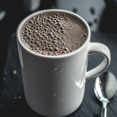 A top-down perspective captures a white mug overflowing with hot chocolate. The beverage exhibits a bubbly surface texture, suggesting warmth. The lighting is soft, and the overall composition presents a sense of comfort. This image could be suitable for food-related projects or marketing materials.の素材