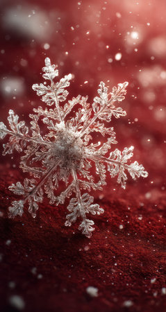A detailed image presents a single snowflake, its crystalline structure highlighted. The snowflake is set against a blurred deep red surface. Overhead lighting adds dimension. This composition has potential applications for seasonal decorations and illustrations, and various commercial projects.の素材