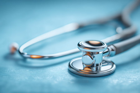 A close-up view presents a stethoscope on a light blue surface. The medical instrument is silver and gray, with visible detail and soft focus. The composition emphasizes the diagnostic tool, suggesting healthcare practices. Ideal for medical publications and conceptual projects.の素材