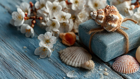 A still-life composition showcases a blue gift box adorned with seashells and delicate white flowers. The arrangement is set against a textured, light blue wooden surface. Soft lighting highlights the details of the items, suggesting a tranquil and natural aesthetic suitable for various commercial purposes.の素材