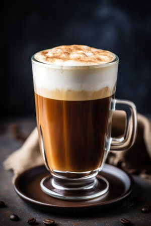 A tall glass of coffee, artfully layered with dark and light brown gradients, is captured in a close-up shot. The foamy top and delicate glass details are highlighted against a blurred, dark backdrop. The composition suggests a relaxed setting and could be used for culinary, cafe, or beverage-related projects.の素材