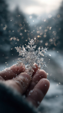 A detailed image displays a hand delicately holding a single, intricate snowflake. The crystal reflects light, showcasing its complex structure. The background is a soft blur of snow and natural light, suggesting a winter environment. This image is suitable for various commercial uses, including seasonal promotions and editorial content.の素材