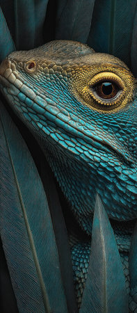 This image showcases a vibrant lizard with teal and gold coloration, partially concealed by leafy foliage. The textures are detailed, with focus on scales and patterns. The composition is close-up, emphasizing the reptile's eye. Suitable for use in various editorial or commercial projects, possibly related to nature or wildlife.の素材