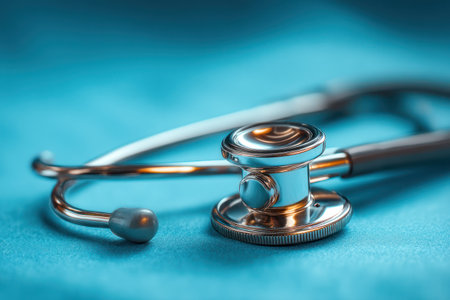 A stethoscope rests on a turquoise surface, highlighted by selective focus. The composition emphasizes the instrument's metallic components and rubber tubing. The image displays a smooth gradient backdrop. This visual could be used for various healthcare publications, websites, or educational materials.の素材