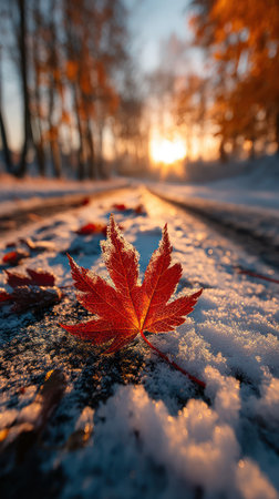A single red maple leaf rests on a snow-covered path. The scene features warm colors from the sunset, creating a soft lighting effect. The photograph showcases autumn foliage against a blurred background of trees, suitable for various editorial and commercial applications. The composition emphasizes detail and seasonal ambiance.の素材