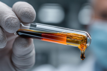 A gloved hand holds a test tube filled with layers of colored liquids, one dripping from the end. The composition is close up, focused on the tube. The image displays shades of orange and brown. Suitable for scientific, research, or laboratory-related commercial purposes.の素材