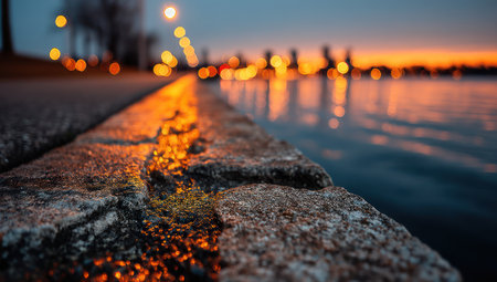 A close-up shot focuses on a textured stone border alongside reflective water. The image features warm, orange and yellow highlights from lights with a blurred background of the sunset. The scene suggests an outdoor environment during the evening, potentially usable for travel or scenic commercial applications.の素材