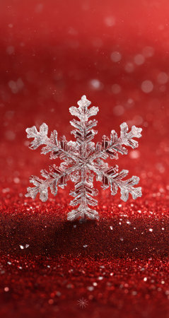 A close-up photograph displays a single, intricate snowflake centered against a vibrant red, glittery backdrop. The snowflake exhibits delicate crystalline structures. The lighting highlights the textures. This image can be used for holiday-themed materials or winter-related promotional content.の素材