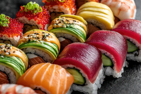 This image showcases a vibrant collection of sushi rolls, featuring an array of fresh ingredients. The composition highlights diverse colors and textures, with close-up detail emphasizing the presentation. The lighting suggests an indoor setting, suitable for culinary advertising and editorial content.の素材
