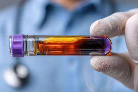 A close-up view displays a vial holding a multi-colored liquid. The vial is held by a gloved hand against a blurred background. The composition highlights the subject with strong contrast and a shallow depth of field. This image may be suitable for illustrating medical research, laboratory work, or healthcare-related articles.の素材