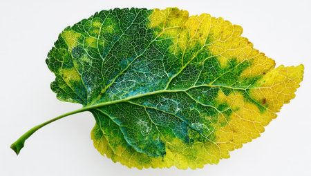 A detailed image presents a single leaf showcasing a blend of green and yellow hues. The leaf's intricate veins are visible, and the composition is set against a clean white backdrop. The photo conveys natural beauty, ideal for illustrating environmental topics or seasonal themes, useful for a variety of editorial or commercial projects.の素材