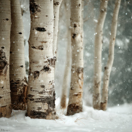 This image showcases a grouping of aspen trees with textured white bark against a blurred snowy backdrop. The composition features soft lighting and muted tones, creating a tranquil atmosphere. The scene may be suitable for illustrative use or as background imagery. It could be used for various projects.の素材