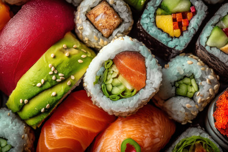 An overhead shot presents a variety of sushi rolls, showcasing different fillings and arrangements. The composition features diverse colors from the ingredients, with textures that appear fresh and appetizing. The lighting is bright, and the setting suggests a culinary context, suitable for food-related projects or visual content.の素材