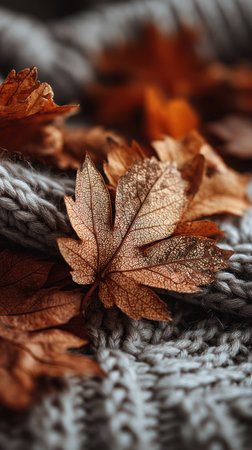 This image showcases a collection of autumn leaves resting on a textured knitted surface. The leaves display warm hues of brown and orange, while the fabric exhibits shades of gray. The composition features a shallow depth of field, with soft focus and natural lighting. Suitable for various editorial and commercial applications.の素材