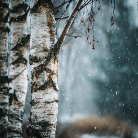 This image showcases the textured bark of birch trees, standing tall in a snowy landscape. The composition focuses on the trees with a blurred background suggesting a winter environment, possibly daytime. The scene is illuminated with soft lighting, suggesting atmospheric conditions suitable for diverse commercial applications.の素材