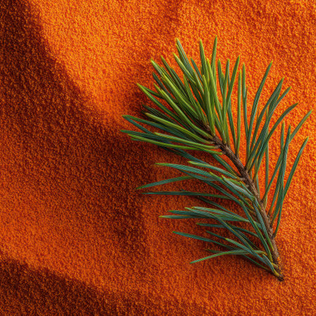 An overhead shot showcases a vibrant green pine branch laid upon a textured orange surface. The contrast between the natural element and the solid background creates visual interest. This image features detailed textures and lighting, making it suitable for a variety of creative and commercial applications.の素材
