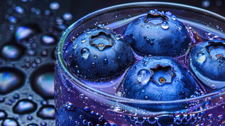 This macro shot displays several blueberries submerged in liquid within a clear glass. The image highlights the berries' deep blue color and the droplets of water clinging to their surfaces. The composition emphasizes texture and detail with a shallow depth of field. Ideal for use in food-related advertising or editorial content.の素材