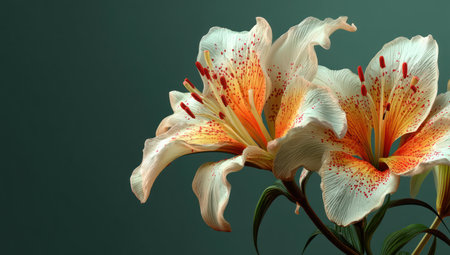 Two lily flowers are displayed against a dark background, showcasing their delicate petals. The flowers exhibit a combination of orange, white, and red hues, with intricate patterns. The lighting creates highlights and shadows, emphasizing texture. This image is suitable for various commercial uses, including decorative purposes and editorial content.の素材