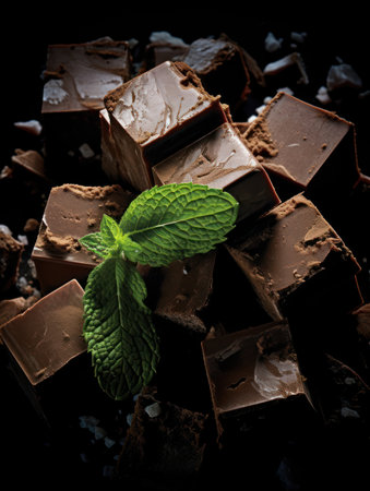 This image showcases an overhead shot of chocolate cubes, accented by a vibrant green mint leaf. The textures of the chocolate appear rough and enticing, contrasted by the smooth appearance of the leaf. The composition is set against a dark backdrop, potentially implying a culinary setting. Suitable for various editorial and commercial applications.の素材