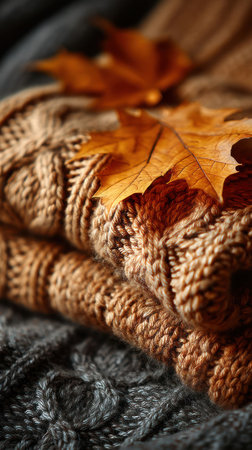 This image showcases a neatly folded knitted sweater adorned with several autumn leaves. The composition emphasizes the textures, with close-up focus on the warm colors and intricate details of the fabric. The lighting suggests an indoor setting, and the image could be used for various projects related to seasonal themes and textiles.の素材