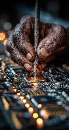 A close-up view presents a hand holding a soldering iron, actively working on a circuit board. The image showcases the intricate details of electronic components and soldering work, illuminated by an intense light. It displays a shallow depth of field, focused on the point of contact. Suitable for illustrating technology, repairs, or electronics.の素材