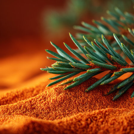 An evergreen branch with vibrant green needles is set against a textured orange background. The detailed composition highlights the natural elements, showcasing a contrasting color palette and tactile qualities. This image could be suitable for various commercial purposes, including seasonal themes and abstract design elements.の素材