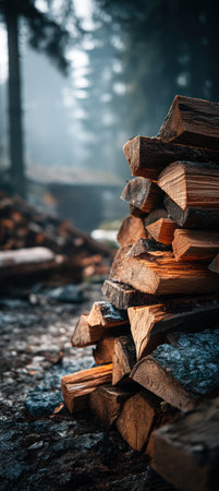 A close-up view depicts a pile of neatly stacked firewood, exhibiting various shades of brown. The textured wood contrasts against a blurred background suggesting a natural outdoor setting, possibly in a forest. This image could be used for various purposes such as illustrating sustainability or environmental themes.の素材