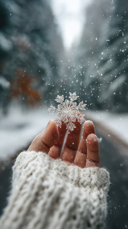 A hand wearing a white knitted sleeve delicately holds a single snowflake. The snowflake is in sharp focus against a blurred background of a snow-covered forest. The image uses soft, natural lighting, highlighting the intricate details of the ice crystal. Suitable for projects requiring winter or seasonal themes.の素材