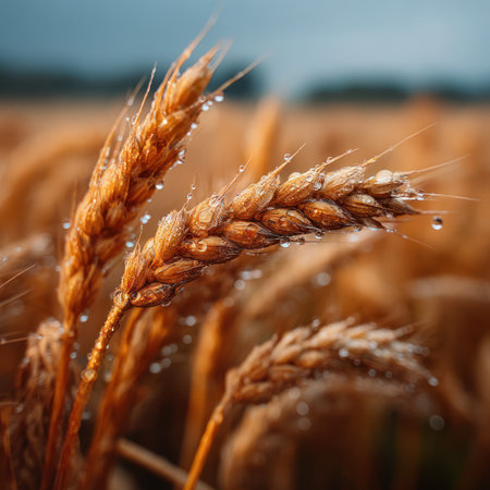 This image showcases close-up of several wheat stalks with water droplets, highlighting their textures and colors. The golden hues of the wheat create contrast against the blurred background. It can be used in various commercial or editorial contexts, from agricultural publications to design projects.の素材