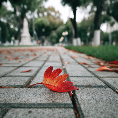 A single vibrant red leaf rests on a gray brick pathway, contrasted by green foliage and blurred trees in the background. The shallow depth of field draws focus to the leaf. This natural image conveys an autumnal mood. Suitable for editorial and commercial applications related to nature and seasonal themes.の素材