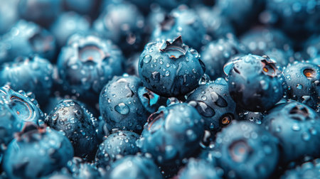 This image presents a close-up view of numerous fresh blueberries, each adorned with tiny water droplets. The vibrant blue hues dominate the composition, while a shallow depth of field creates a soft, blurred background. The texture and detail suggest a natural outdoor setting, suitable for various editorial and commercial applications.の素材