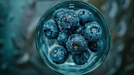 An overhead view displays a collection of blueberries within a clear glass, showcasing water droplets on their surface. The deep blue berries are contrasted against the clear glass. This image, with its cool tones and close focus, can be used for culinary, health, or lifestyle themed visuals.の素材