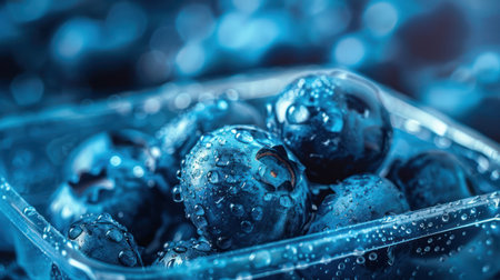 This image showcases a close-up view of fresh blueberries, tightly packed within a clear plastic container. The composition features a shallow depth of field, emphasizing the berries and their vibrant blue hue. Water droplets add texture and freshness. Suitable for use in various commercial applications including food blogs and health-related content.の素材
