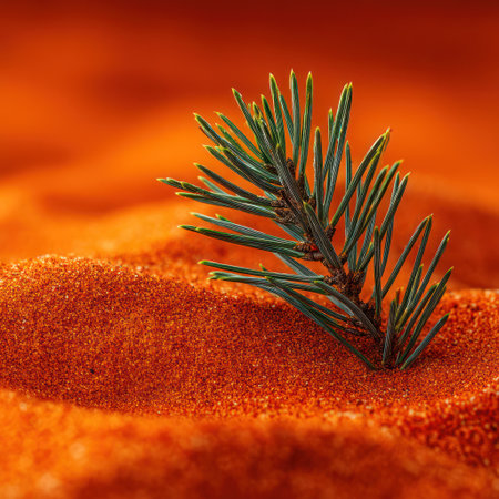 A close-up view displays a green evergreen branch set against a textured, vivid red backdrop. The image features a shallow depth of field, highlighting the needle-like leaves. The composition uses warm colors and soft lighting, suggesting an inviting atmosphere suitable for various visual projects.の素材
