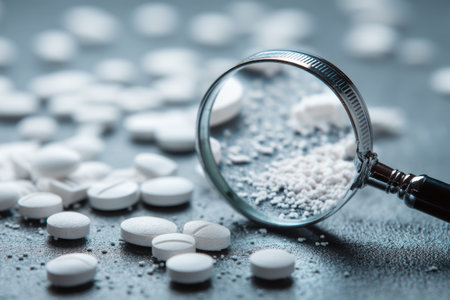 The image showcases a close-up of white pills scattered across a surface, with a magnifying glass examining a group of the pills. The lighting highlights the texture of the pills and surrounding granules. This photograph may be useful in healthcare publications or scientific studies. It could also be used in educational content.の素材