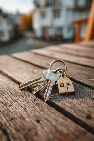 A close-up shot presents a set of keys with a house-shaped charm resting on a wooden surface. The image highlights the textures of the wood and metal, with warm tones from sunlight. This composition could be useful for real estate advertising, home-related projects, or other design uses.の素材