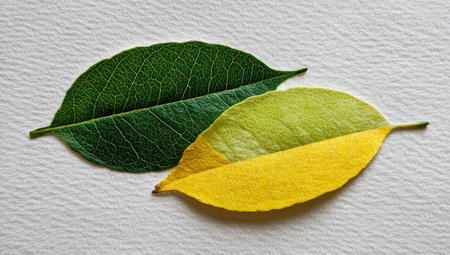 Two leaves are presented, one vibrant green and the other transitioning to yellow. The close-up showcases detailed textures and color gradients against a textured white background. The composition suggests an environmental or biological theme, suitable for educational materials or design projects.の素材