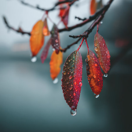 This image showcases colorful autumn leaves adorned with glistening water droplets. The composition focuses on the textures and details of the leaves, featuring shades of red, orange, and green. The blurred background creates depth, suggesting an outdoor environment. Suitable for a variety of commercial and editorial applications.の素材