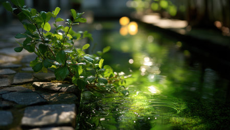 This image showcases a close-up view of lush green plant foliage over a body of water. The composition highlights the textures of the leaves and the water, illuminated by sunlight. This scene may be suitable for illustrating concepts related to nature, tranquility, or environmental themes. It could be used for various commercial or editorial applications.の素材