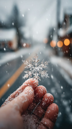 A hand delicately holds a snowflake, showcasing its intricate crystalline structure. The image features soft lighting and a shallow depth of field, with a blurred street and falling snow in the background. This visual could be utilized in various commercial and editorial projects.の素材