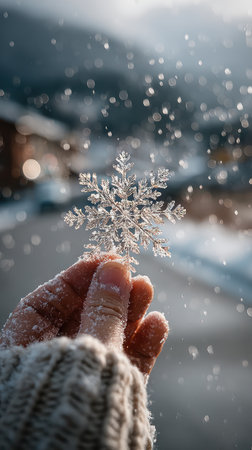 A hand holding a delicate snowflake is the central focus, set against a blurred background. The image showcases the intricate details of the frozen water crystal. The scene evokes a feeling of winter and cold weather, ideal for visual content. This image could be used for various commercial and editorial projects.の素材