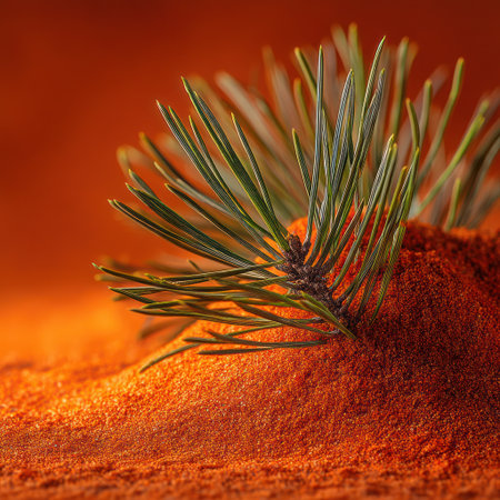 The image features a close-up of pine needles placed atop an orange powder. The composition displays a contrasting color palette with its green needles and orange hues. The scene is illuminated by soft lighting, suggesting an indoor setting. This image could be suitable for visual content in various commercial and editorial applications.の素材
