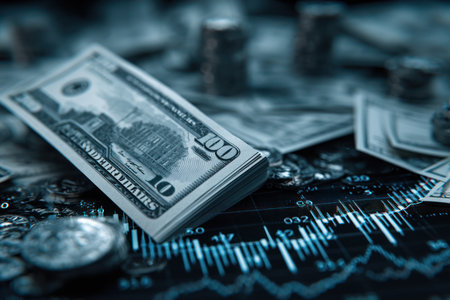 This image showcases a close-up of United States currency notes, coins, and a digital representation of stock market data. The composition features a shallow depth of field, with cool tones and a strategic use of light and shadow, highlighting textures. It is suitable for commercial and editorial purposes related to finance.の素材