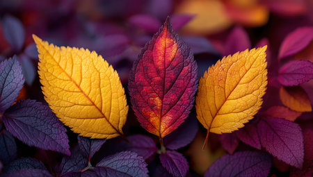 This image presents three prominent leaves in the foreground, displaying a spectrum of warm colors. Two leaves are yellow, while the center leaf is a blend of red and burgundy. The background shows a sea of purple leaves. This composition could be used for various commercial projects related to nature or seasonal themes.の素材