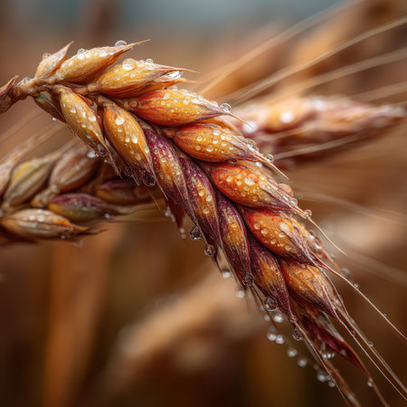 A close-up captures a wheat head adorned with water droplets. The image showcases the golden-brown tones of the grains and stems, set against a softly blurred backdrop. The composition suggests an outdoor setting with natural lighting. This image could be suitable for illustrating agriculture, food production, or environmental concepts.の素材