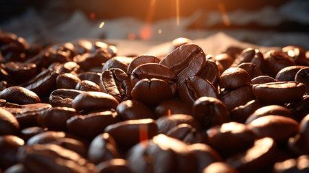 This image presents a close-up view of numerous roasted coffee beans. The composition highlights the textures and rich brown tones of the beans, enhanced by warm, overhead lighting. The visual style suggests a focus on the subject. Suitable for advertising, food-related content, or any design needing natural elements.の素材