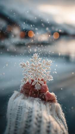 A close-up captures a hand in a knitted glove holding a single snowflake, with a soft, blurred winter landscape behind. The image displays a shallow depth of field, emphasizing the delicate details of the ice crystal. The scene is bathed in cool tones and natural light suggesting an outdoor setting suitable for various editorial and commercial applications.の素材