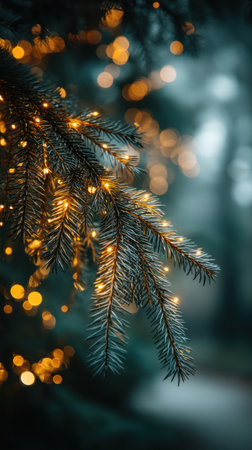 A close-up shot presents a coniferous branch adorned with numerous small, warm, illuminated lights. The image showcases a soft bokeh effect in the background, which creates a dreamy and inviting atmosphere. The textures and tones suggest an outdoor setting. The scene could be suitable for holiday-themed publications or decorative designs.の素材